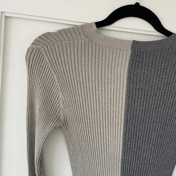 Staud Shoko Colorblock Sweater Dress Heather Grey/Charcoal Ribbed Knit V-neck XS